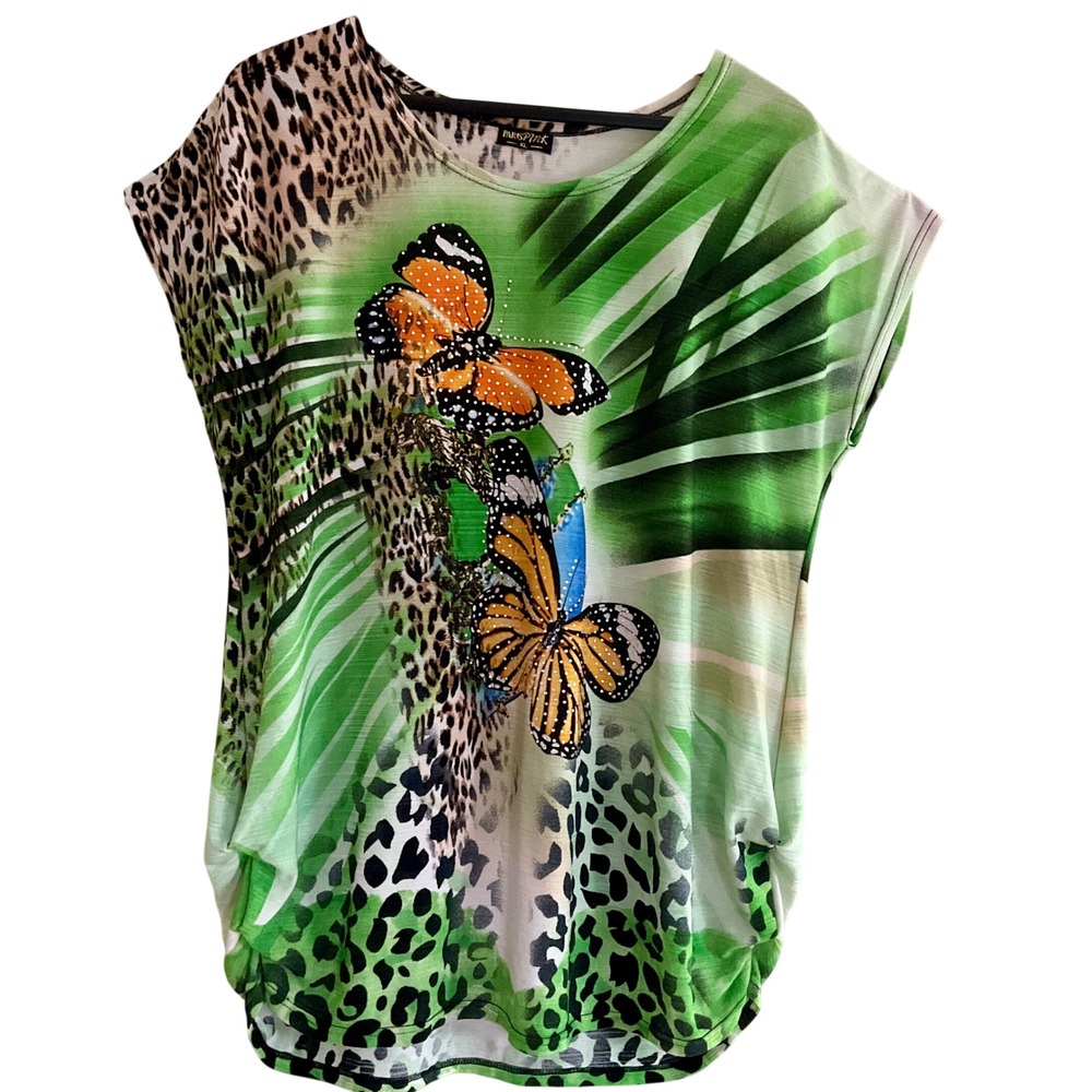 Paris Pink XL Butterfly Leopard Print Rhinestone Embellished Top Tunic Y2K Bling